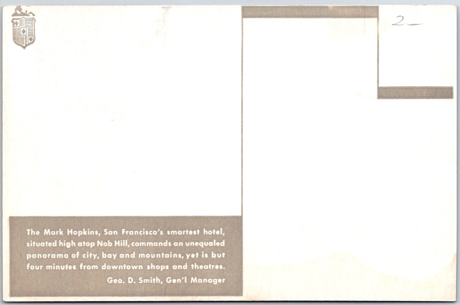 San Francisco USA Hotel Mark Hopkins Nob Hill Vintage View Postcard