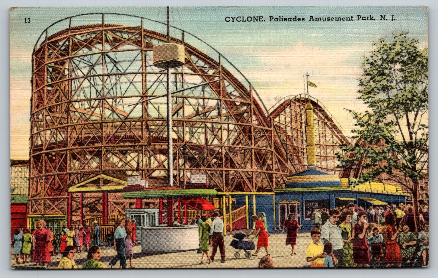 Vintage Cyclone Roller Coaster Palisades Amusement Park NJ Postcard 1950