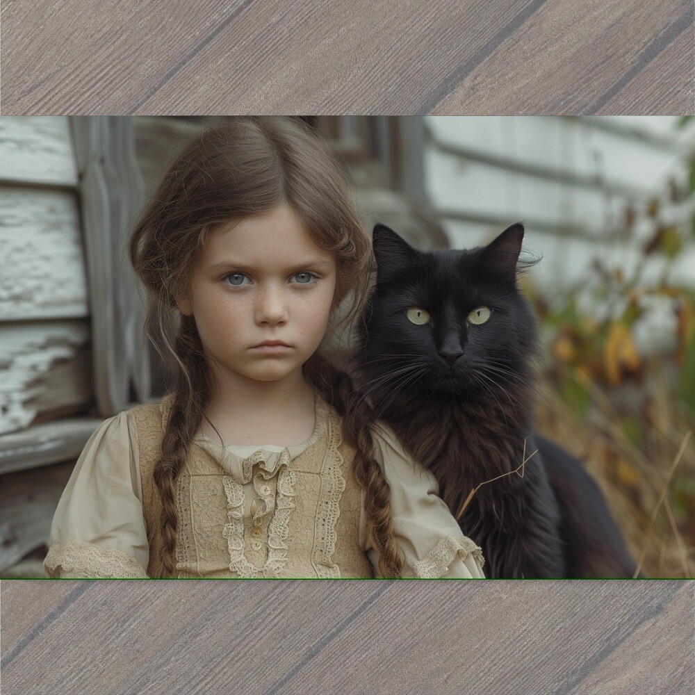 POSTCARD Girl Black Cat Weird Creepy Pet Old Vibe Unusual Cute Scary Strange Fun
