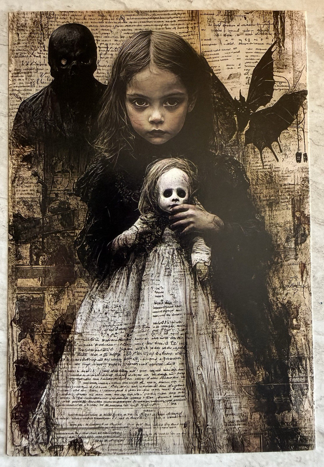 Creepy Doll Girl Masked Figure Bats Gothic Halloween Postcard PC968 Wall Art