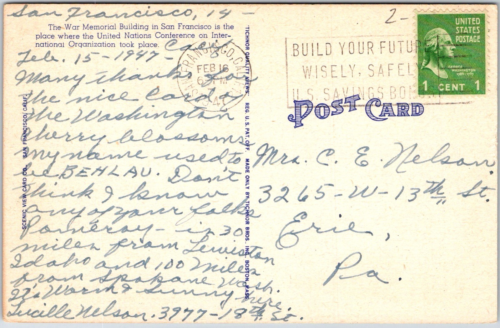 San Francisco USA War Memorial Building United Nations Charter Postcard