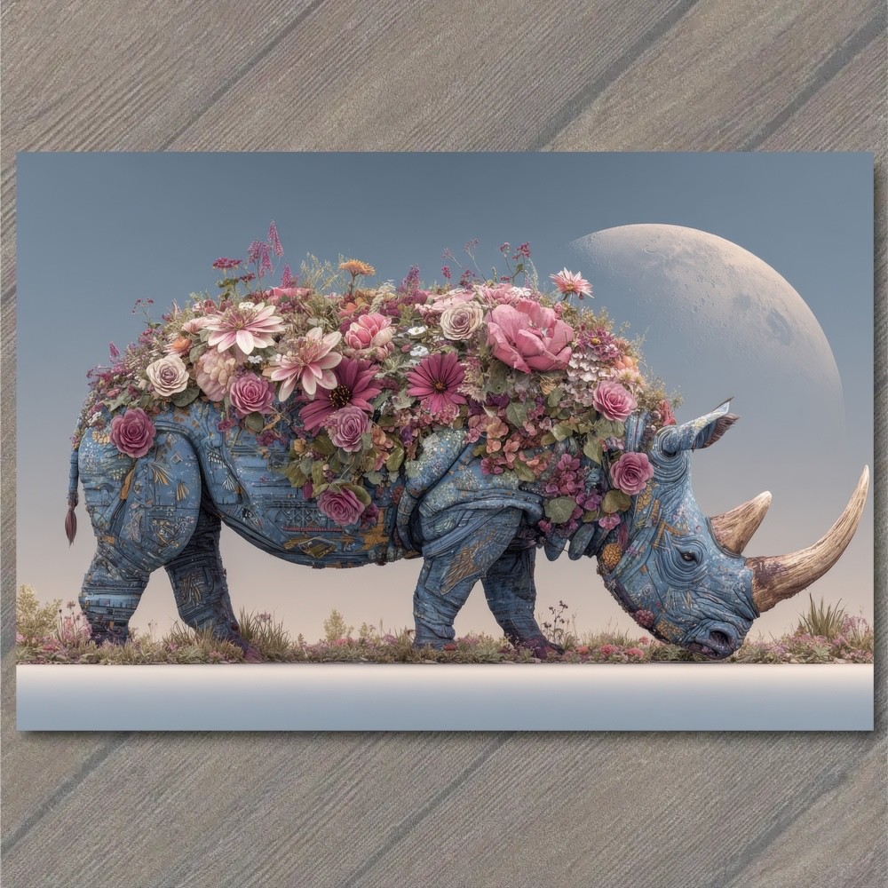 POSTCARD Artistic Rhino Sculpture Floral Moon Surreal Weird Strange Odd