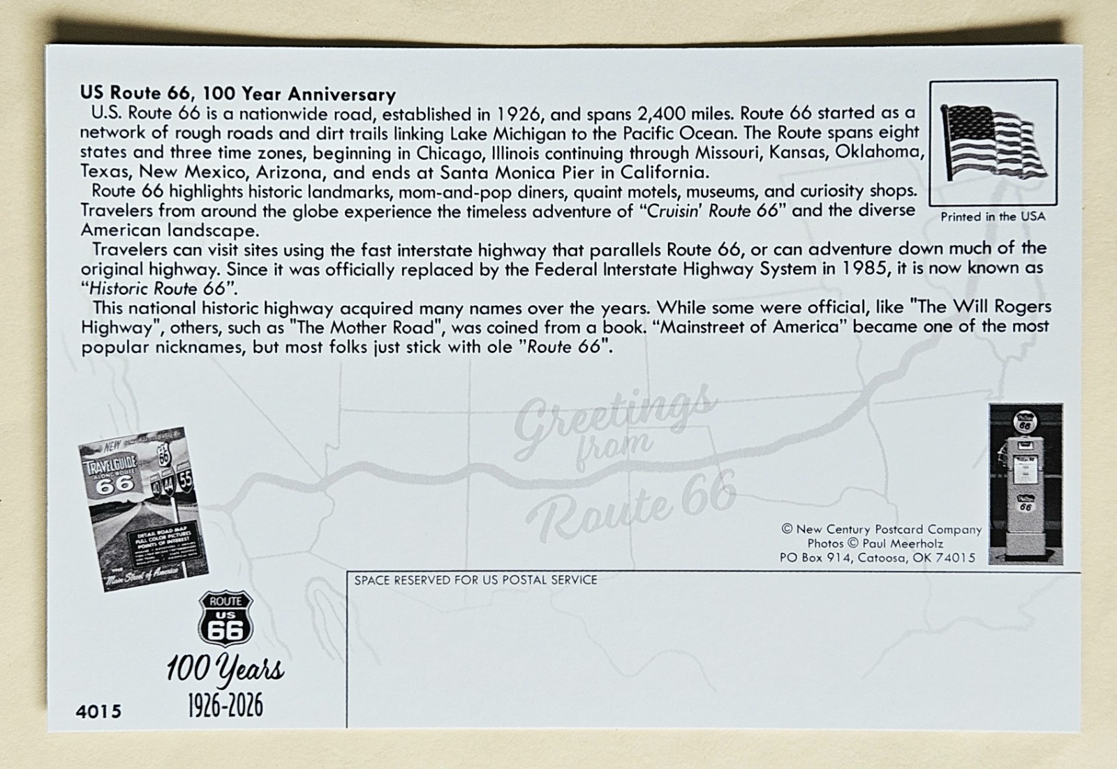 US Route 66 – 100 Years Anniversary. Postcard