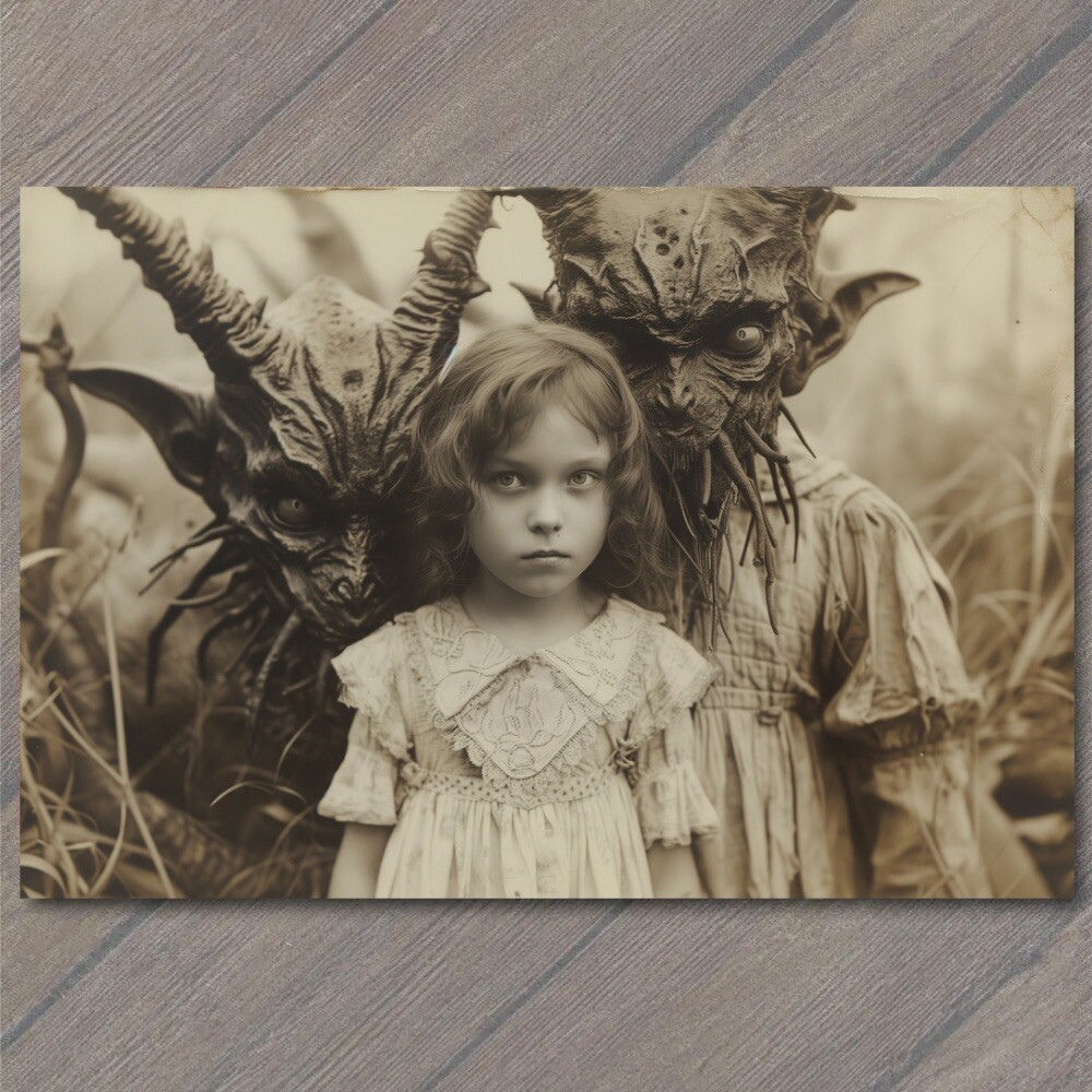POSTCARD Girl Monster Weird Creepy Imaginary Friend Nightmare Scary Unusual Pet