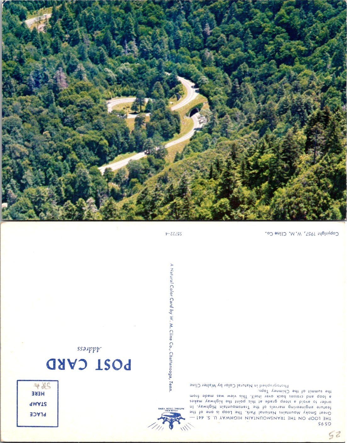 Vintage 1957 Scenic Loop Transmountain Hwy U.S. 441 Postcard W M Cline Unposted