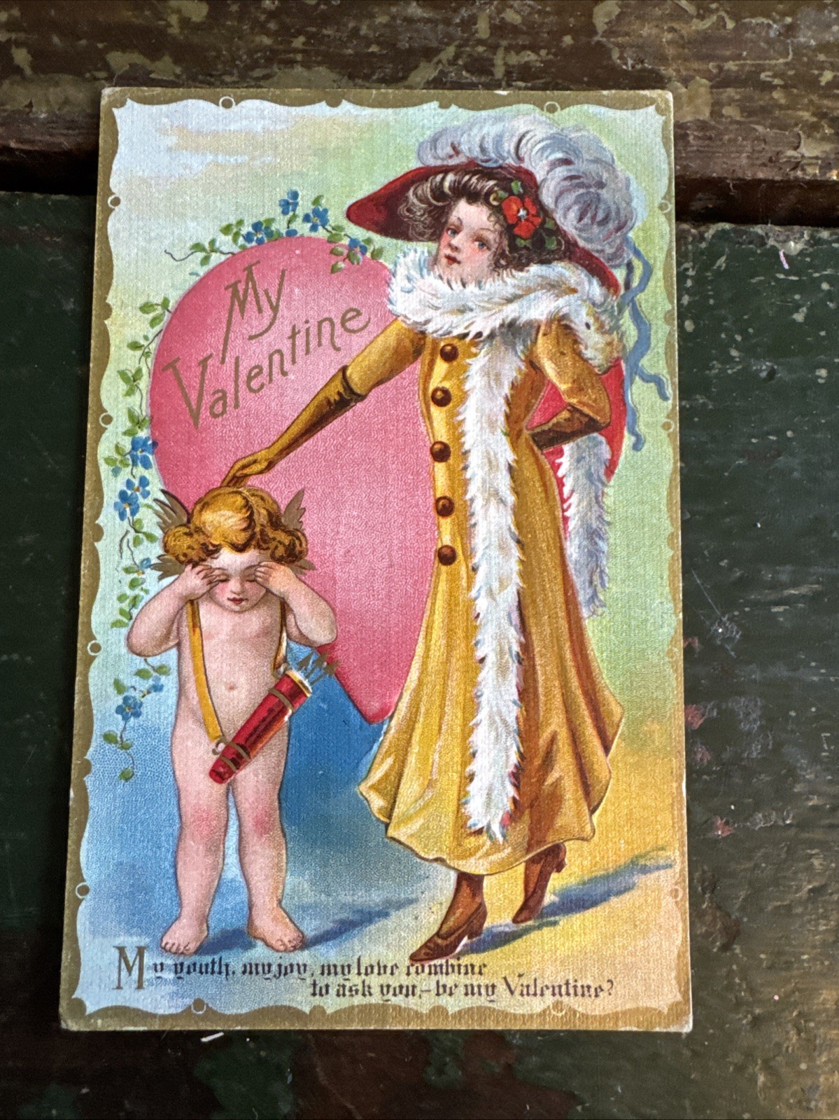 VALENTINE’s Day Pretty Lady w Cupid vintage Series No. 4 embossed Postcard