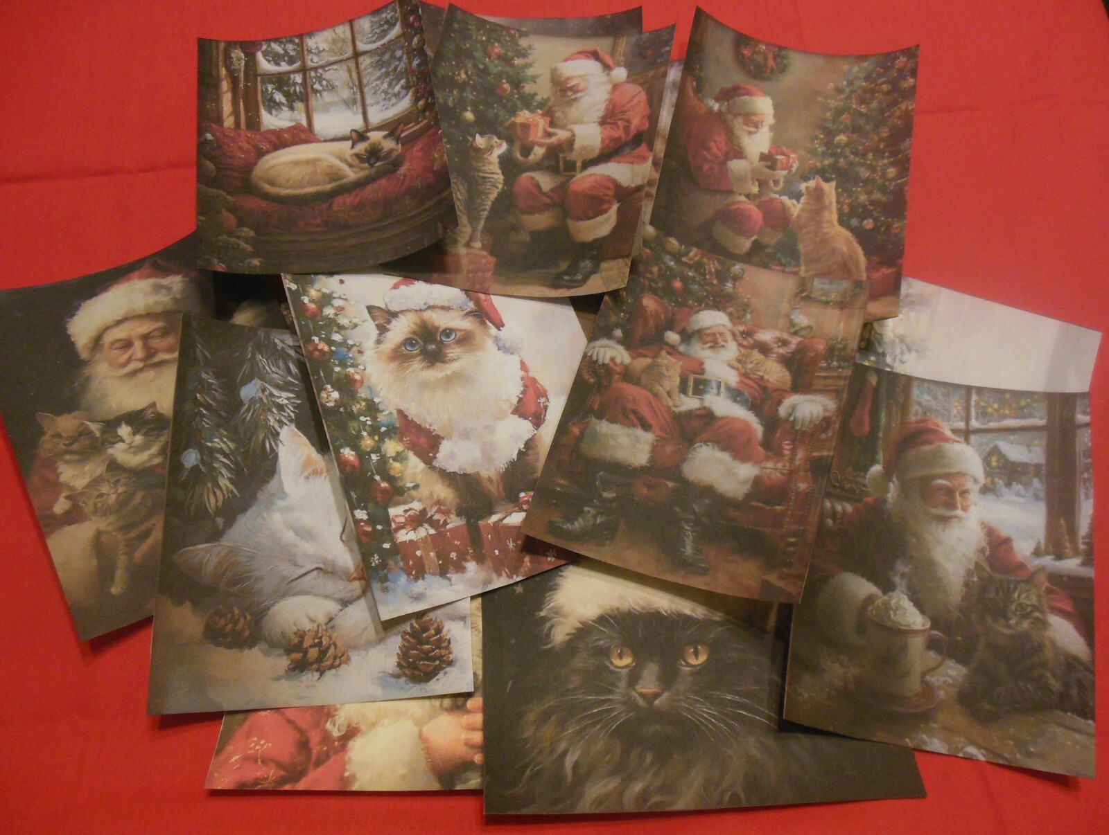 Set of 16 LARGE Santa with cats & Christmas cats images Set #1 on parchment