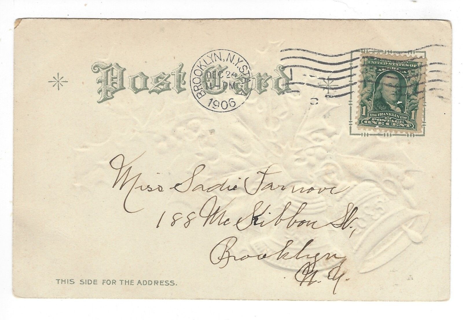 Postcard Embossed Undivided 1906 Loving Christmas Wishes 1 Cent Stamp Holly Bell