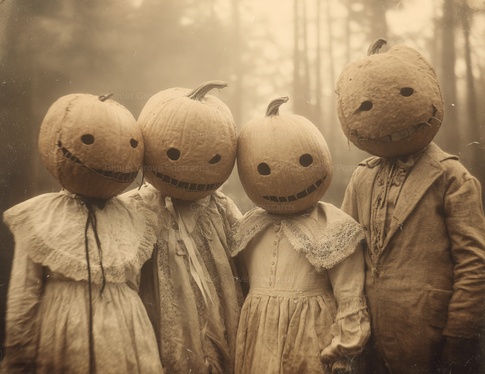 Creepy Pumpkin Head Group in Forest Retro Style Halloween Postcard 5.5×4.25″