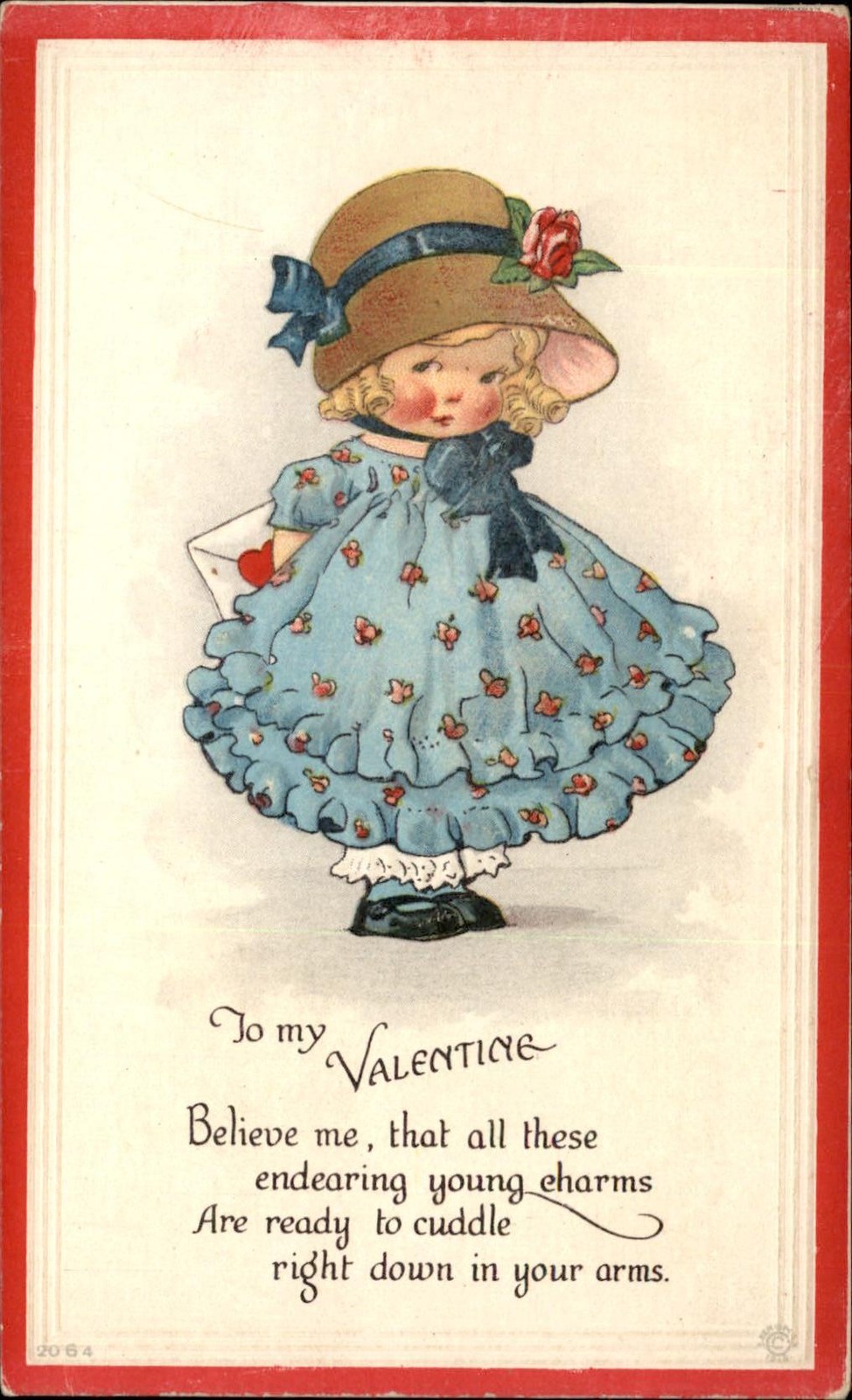 Valentine’s Day Little Girl with Heart Envelope Love c1900s-10s Vintage Postcard