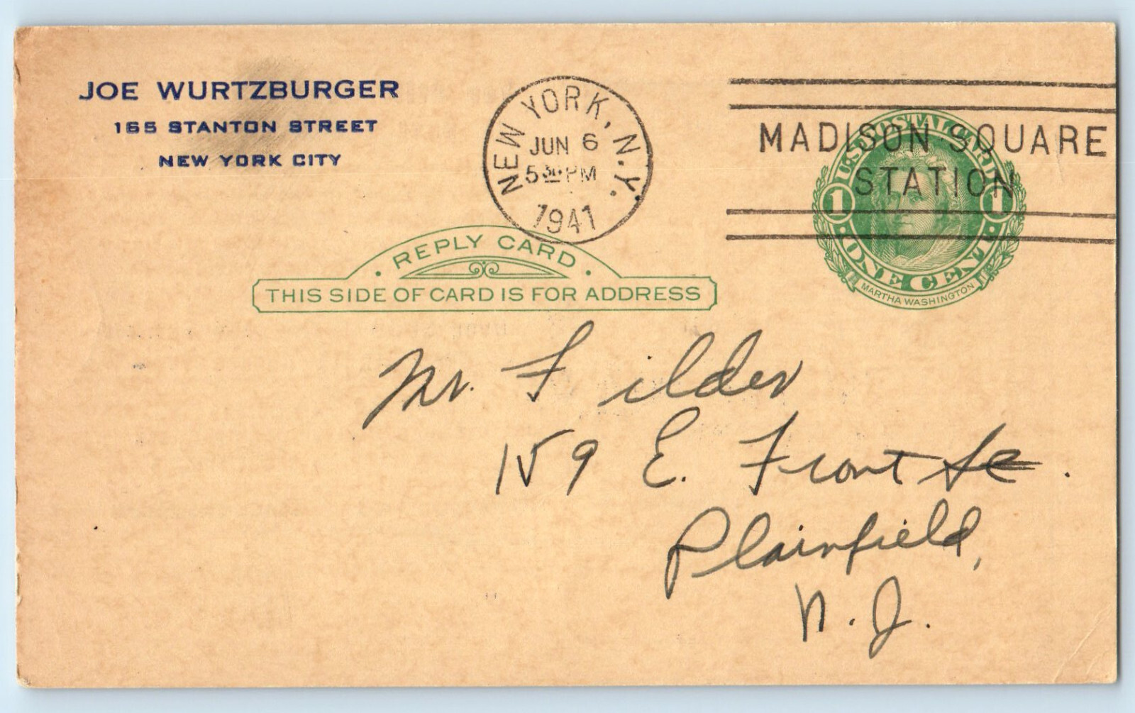 New York City NY Postal Card Joe Wurtzburger Sale 30 Days 1941 Vintage