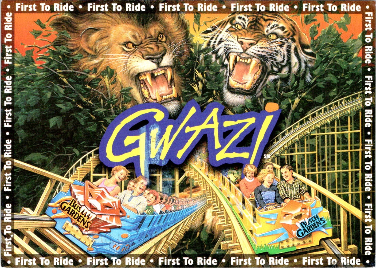 FL Tampa BUSCH GARDENS AMUSEMENT PARK Gwazi Roller Coaster 1st Ride 4X6 Postcard