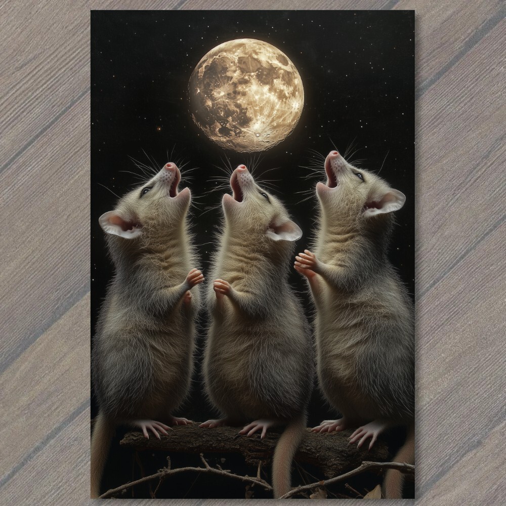 POSTCARD Trio of Opossums Howling at Full Moon in Dark Sky Funny Weird Strange