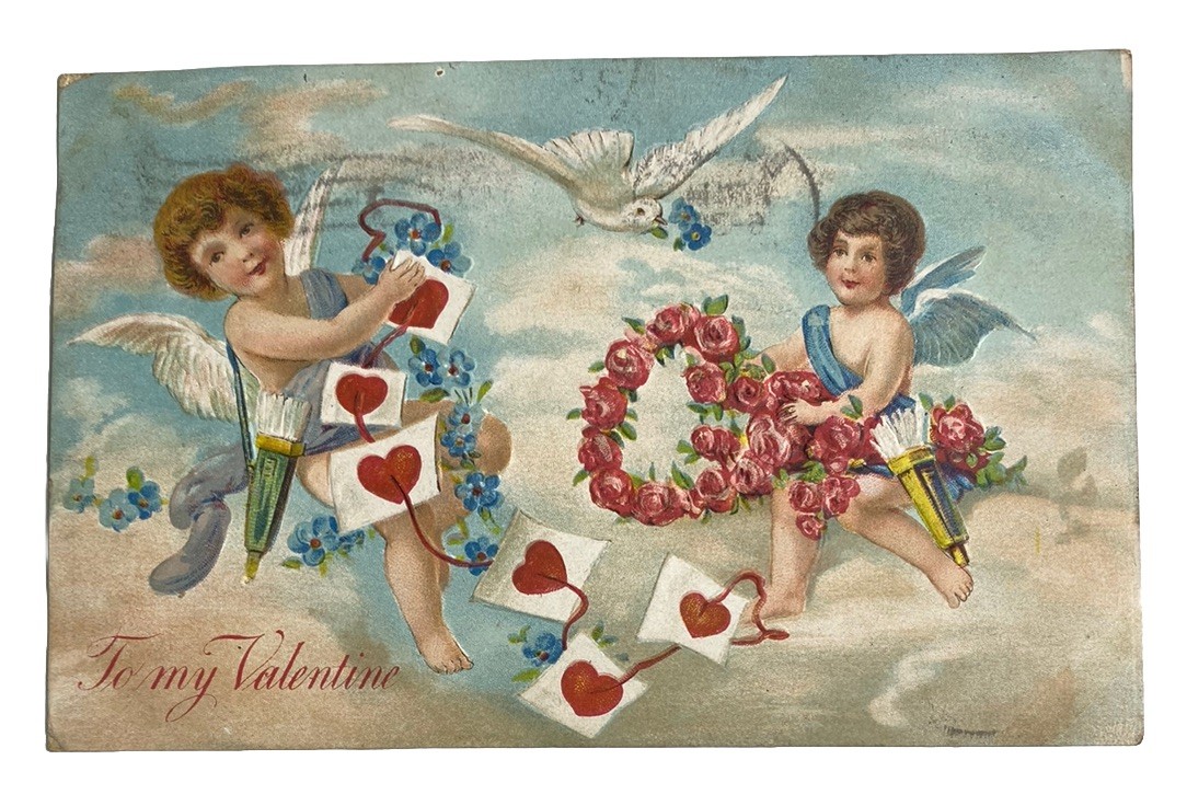 Valentine’s Day Cupid Cherubs Heart of Roses Embossed ~ Antique 1900s Postcard