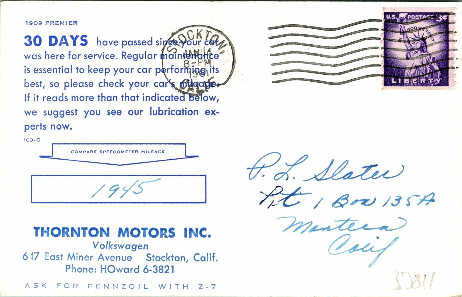 Thornton Motors 30 Days Volkswagen 1909 Premier Postcard Used (33811)
