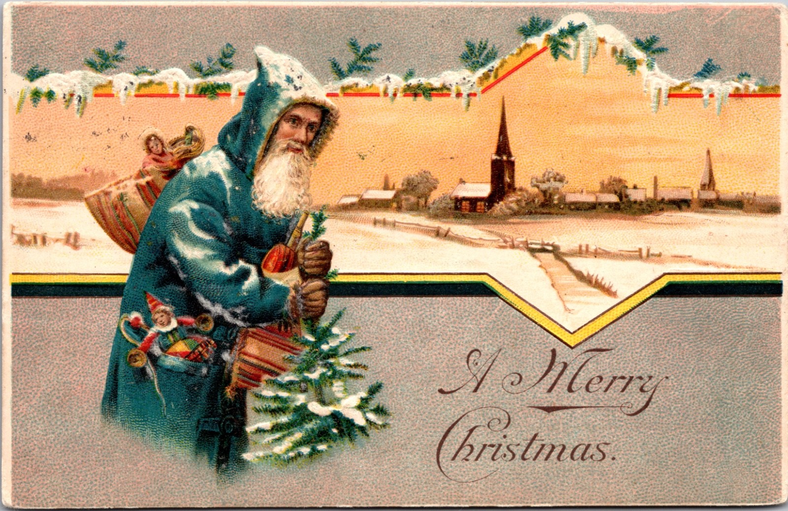 1908 Embossed Postcard Blue Robe Santa Claus Christmas Tree Germany
