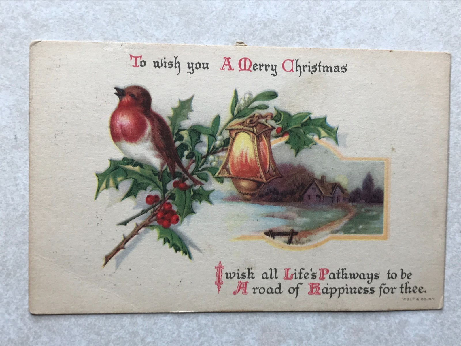 P1438 Vintage Postcard To Wish You A Merry Christmas Robin Lantern