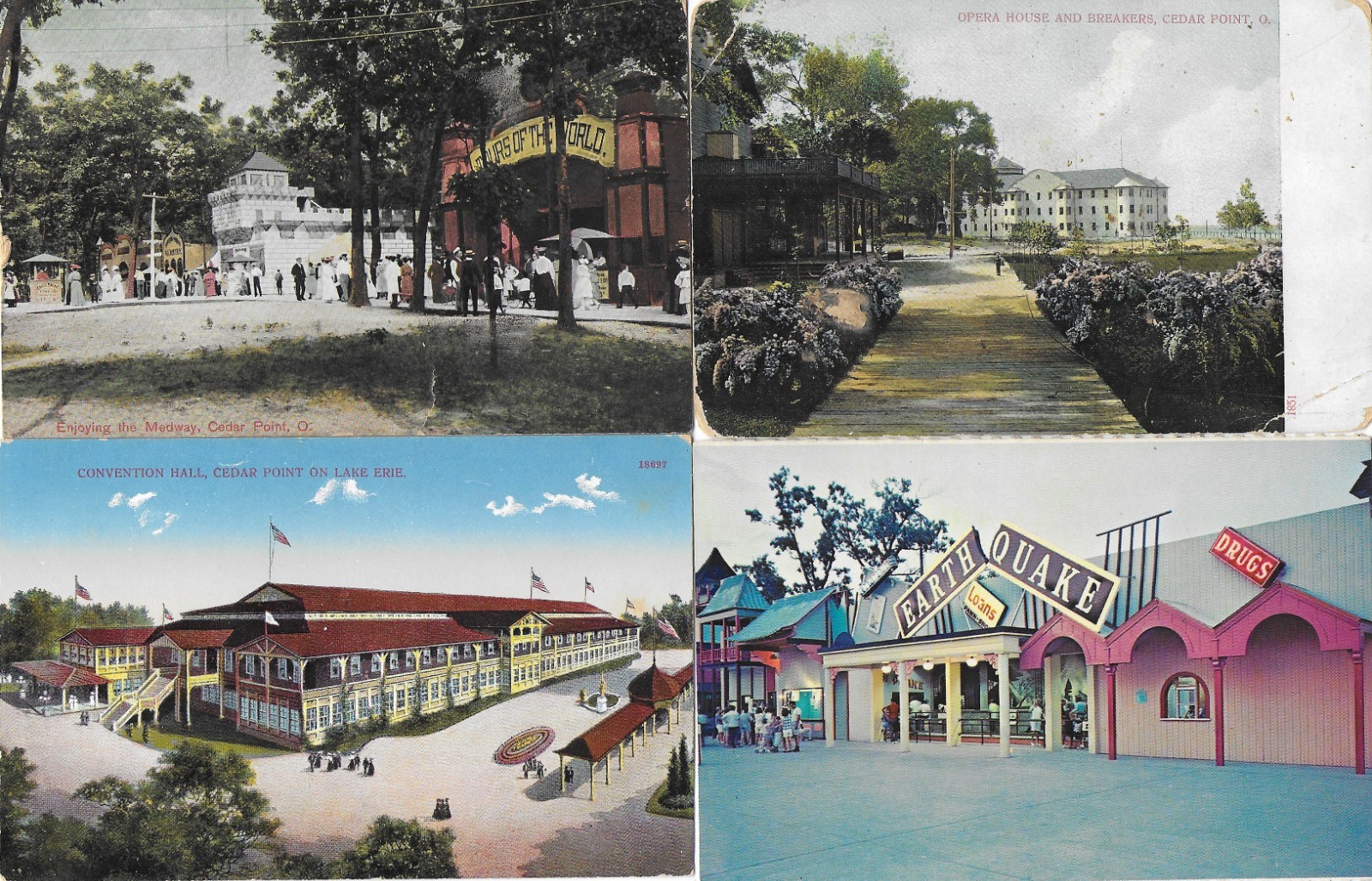 4 CEDAR POINT AMUSEMENT PARK Postcards – MIDWAY / OPERA HOUSE / EARTHQUAKE RIDE