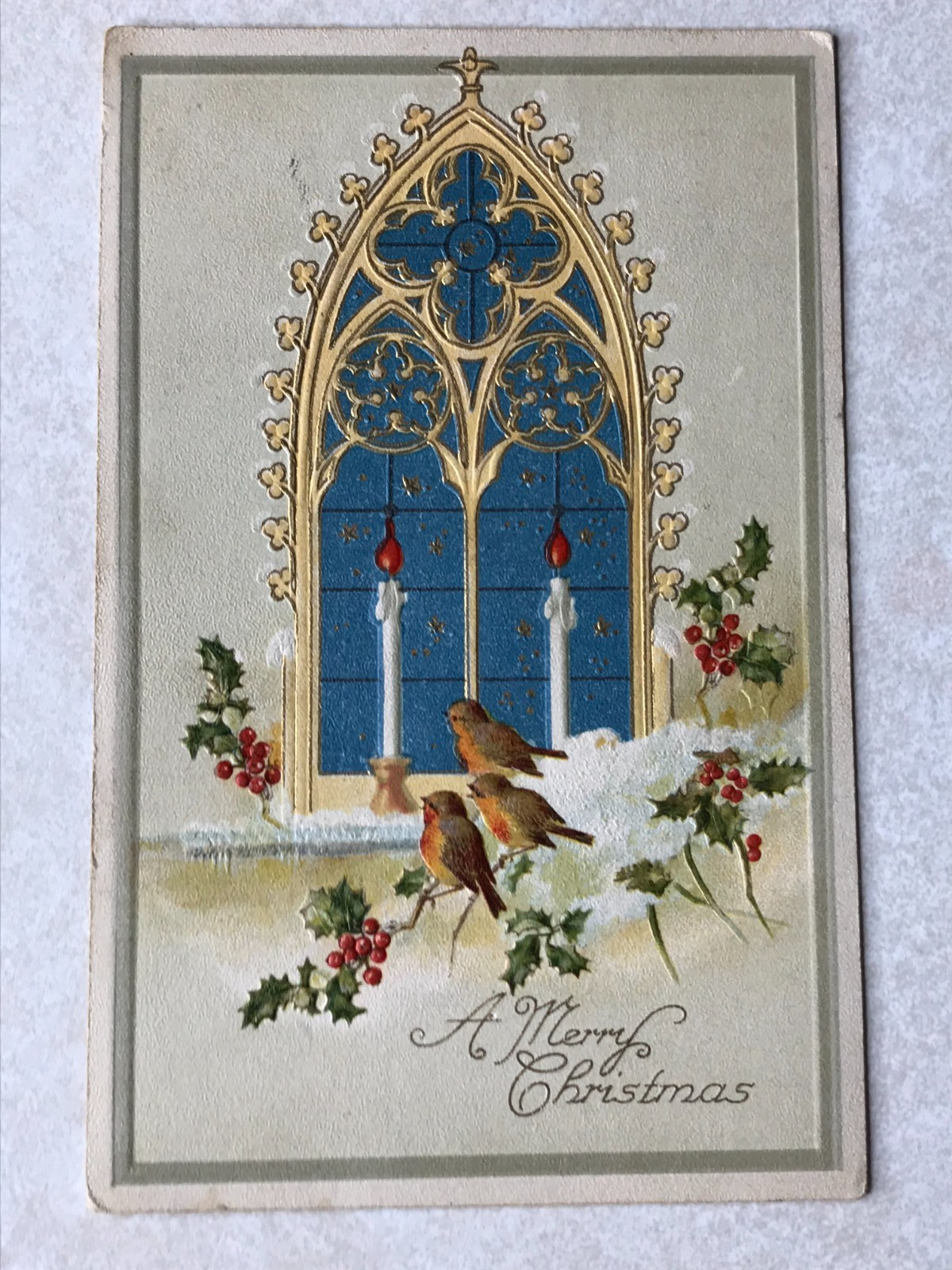 P1449 Vintage Postcard A Merry Christmas Stained Glass Window Birds Greeting