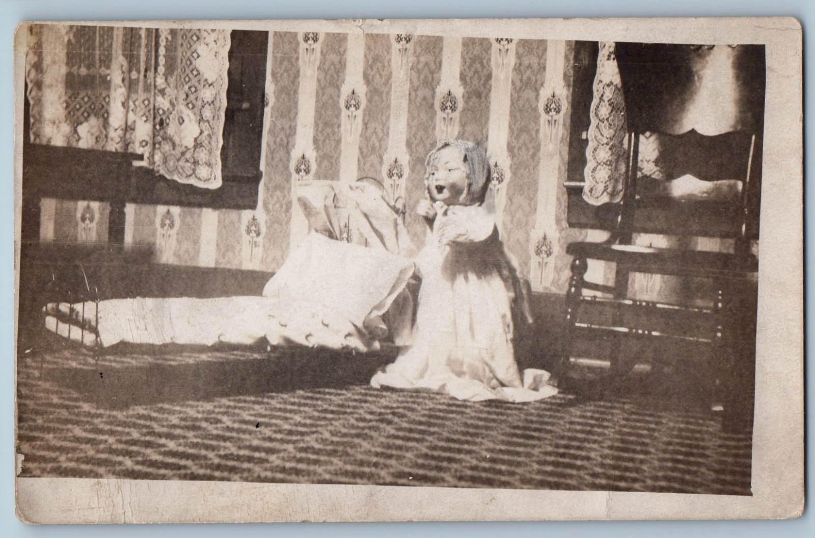 c1910’s Creepy Doll Bedroom Interior RPPC Photo Unposted Antique Postcard