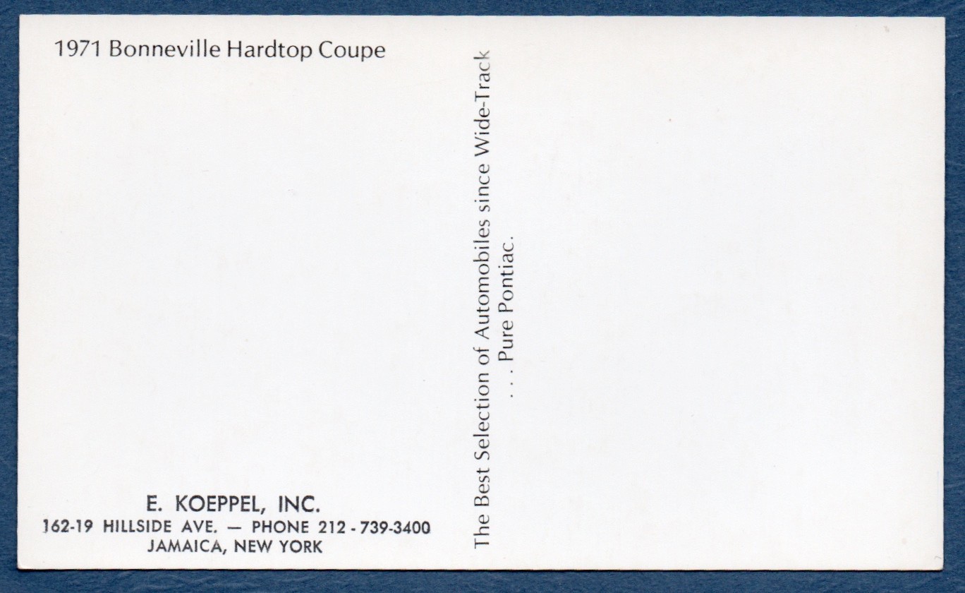 1971 Pontiac Bonneville Hardtop Coupe: Original Dealer POSTCARD Unused VG+/Ex