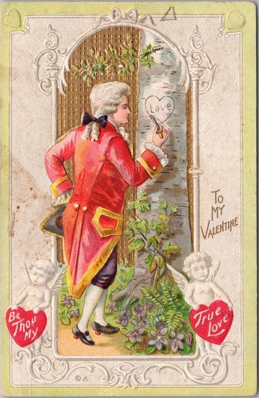 1910s VALENTINE’S DAY Embossed Postcard Colonial Man Carving “Love” in Tree