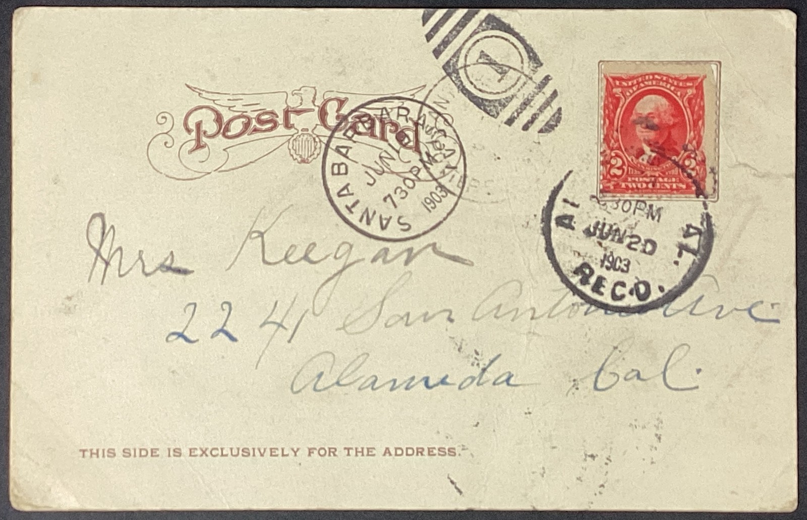 Santa Barbara California Potter Hotel UDB Postcard Posted 1903