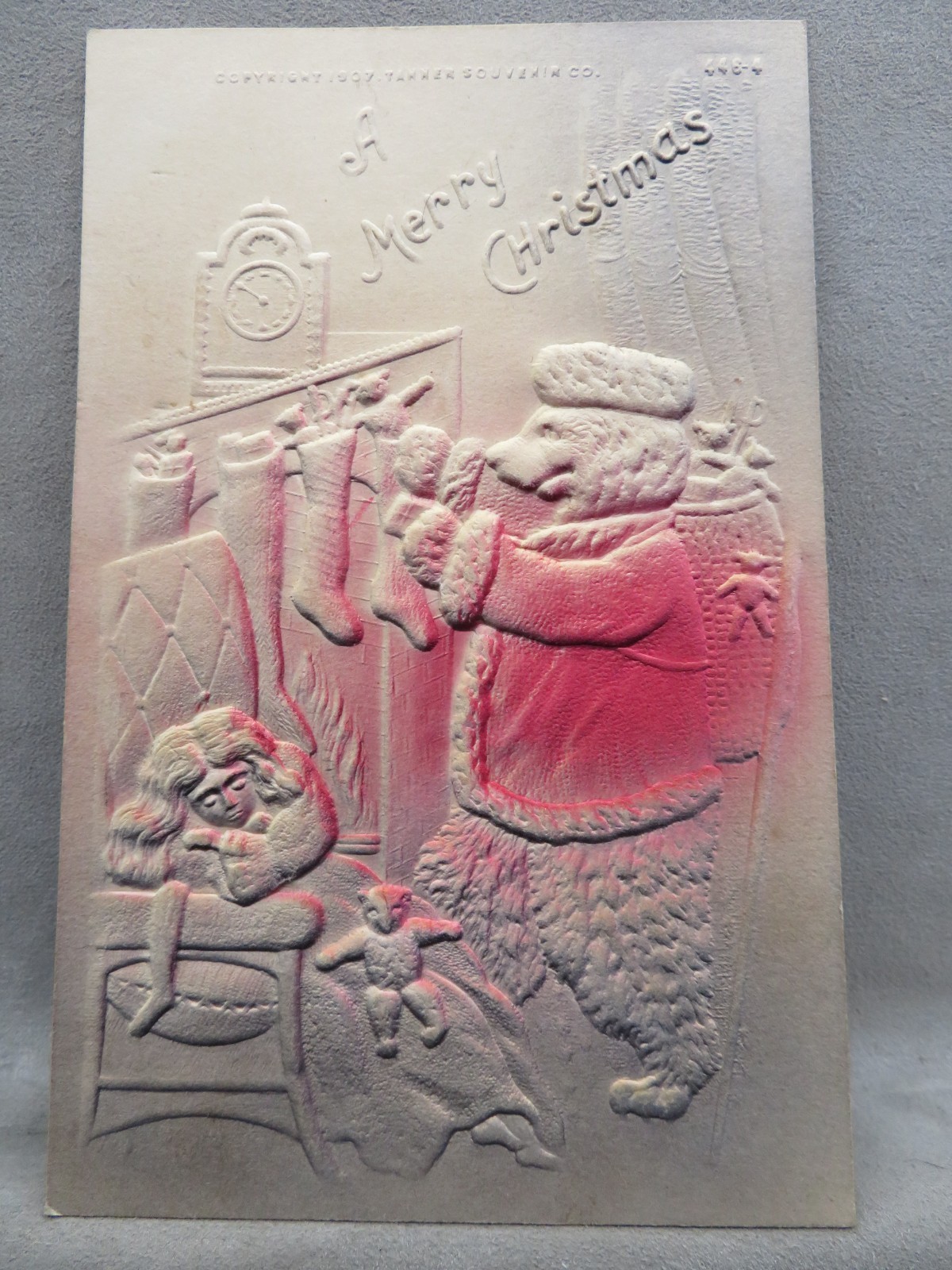 Embossed & Airbrushed Postcard Bear Santa A Merry Christmas 1907