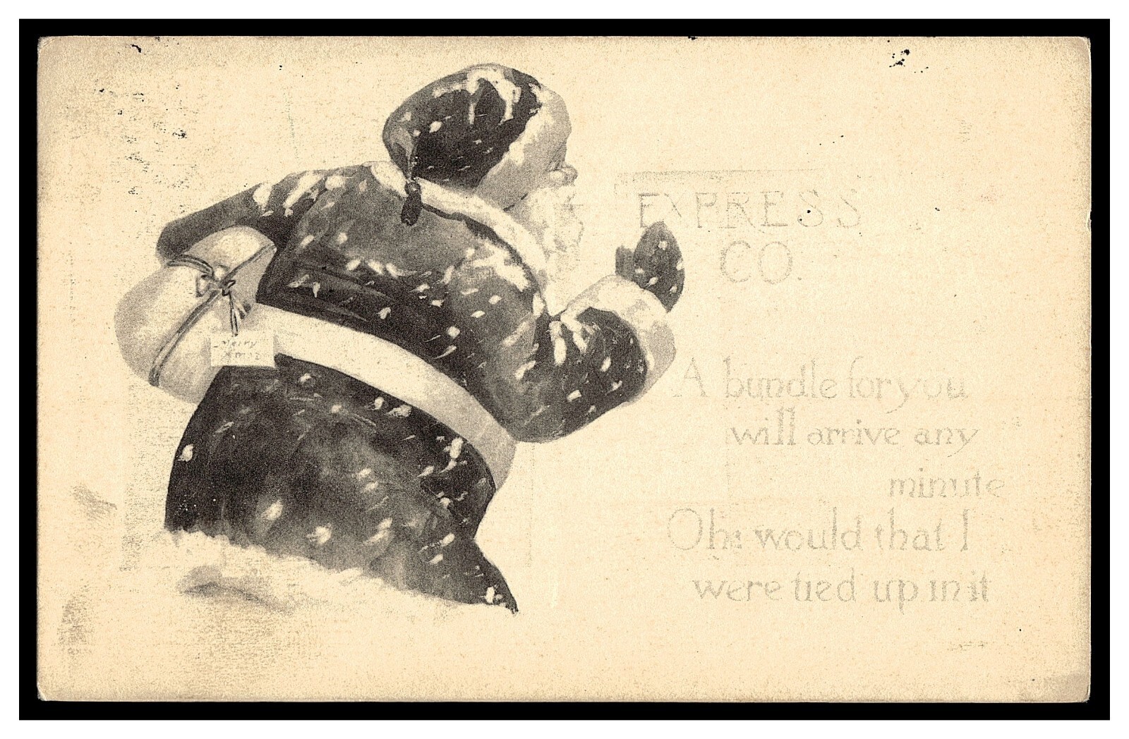 VINTAGE CHRISTMAS POSTCARD B & W SANTA CLAUS CARRYING PRESENT IMAGE SWEET ART!
