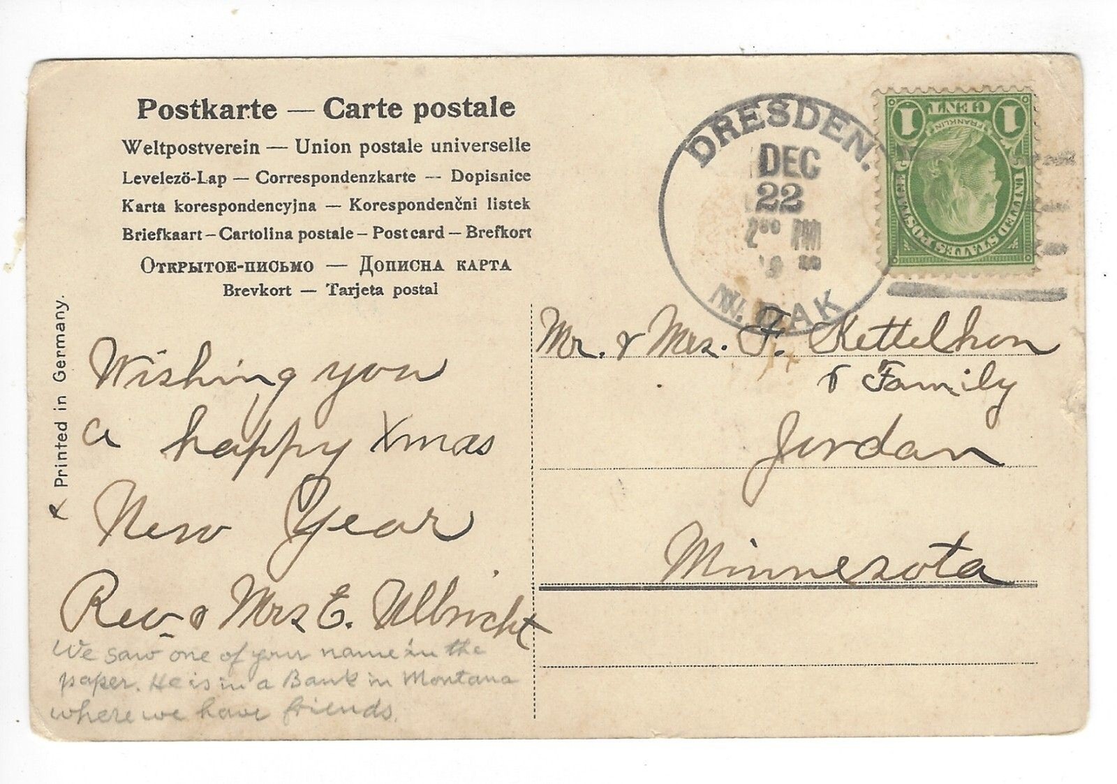 Postcard Divided Germany 1929 Merry Christmas 1 Cent Stamp Floral Arrangement
