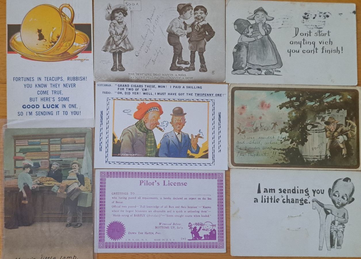 Lot of 8 COMIC/ HUMOR Vintage GREETING Postcards ca. 1900’s-1920’s