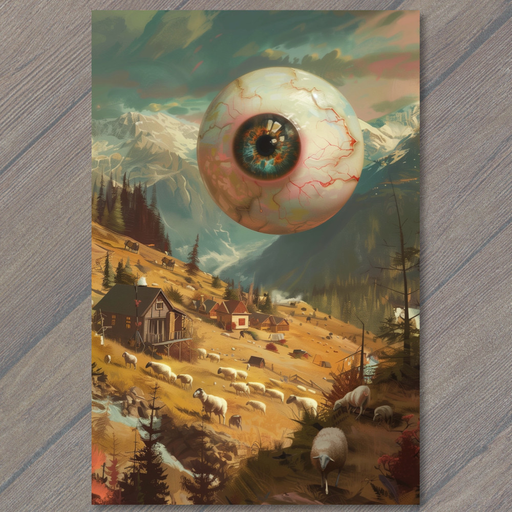 POSTCARD Eyeball Monster Mountains Sheep Weird Unusual Eye Scenic Strange Funny