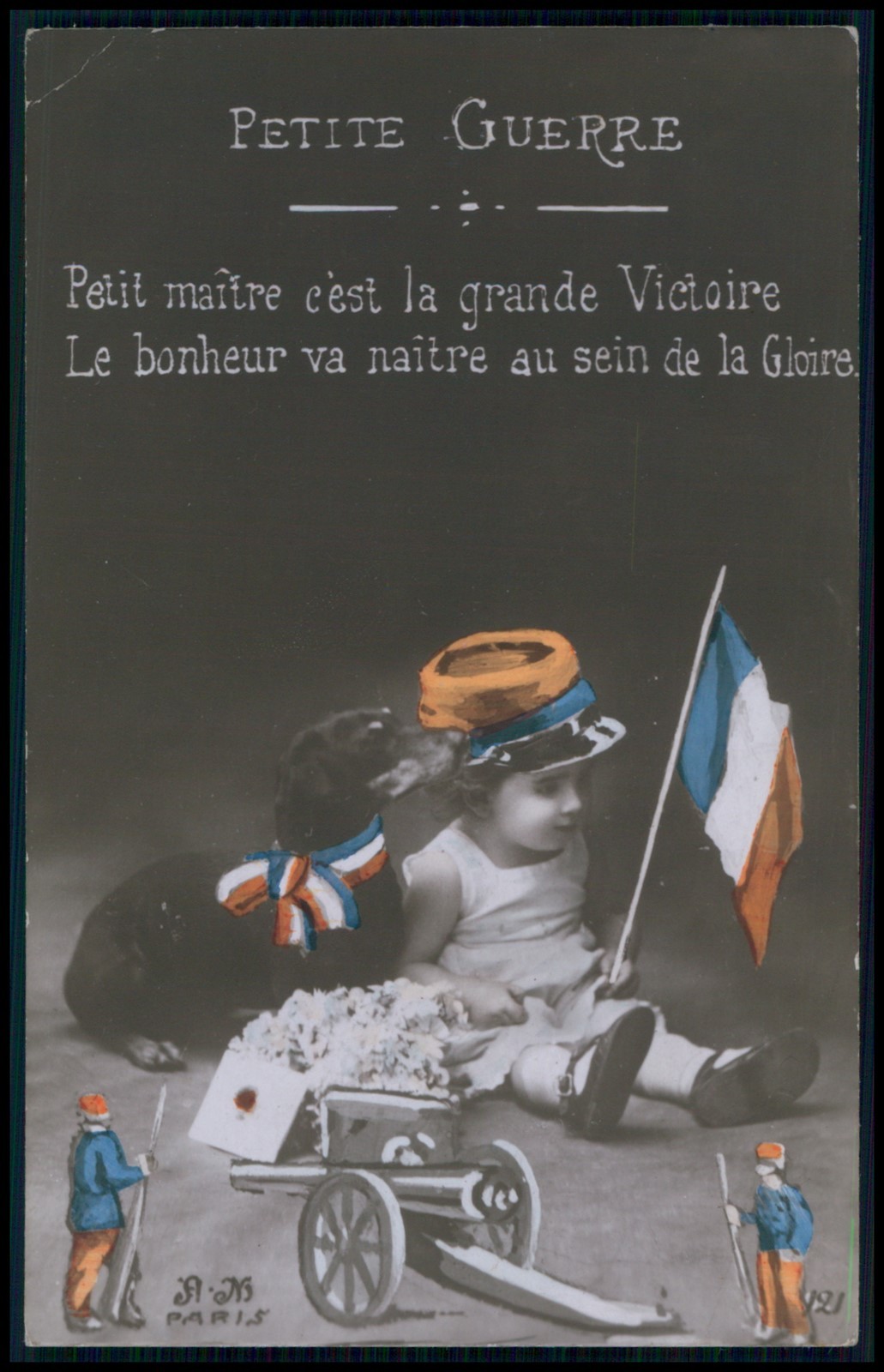 b Patriotic boy & Dachshund War dog ww1 WWI original c1915 French photo postcard