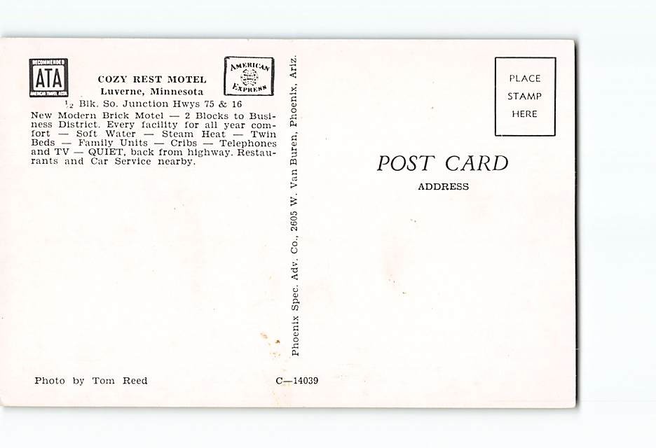 Postcard Cozy Rest Motel Luverne Minnesota USA