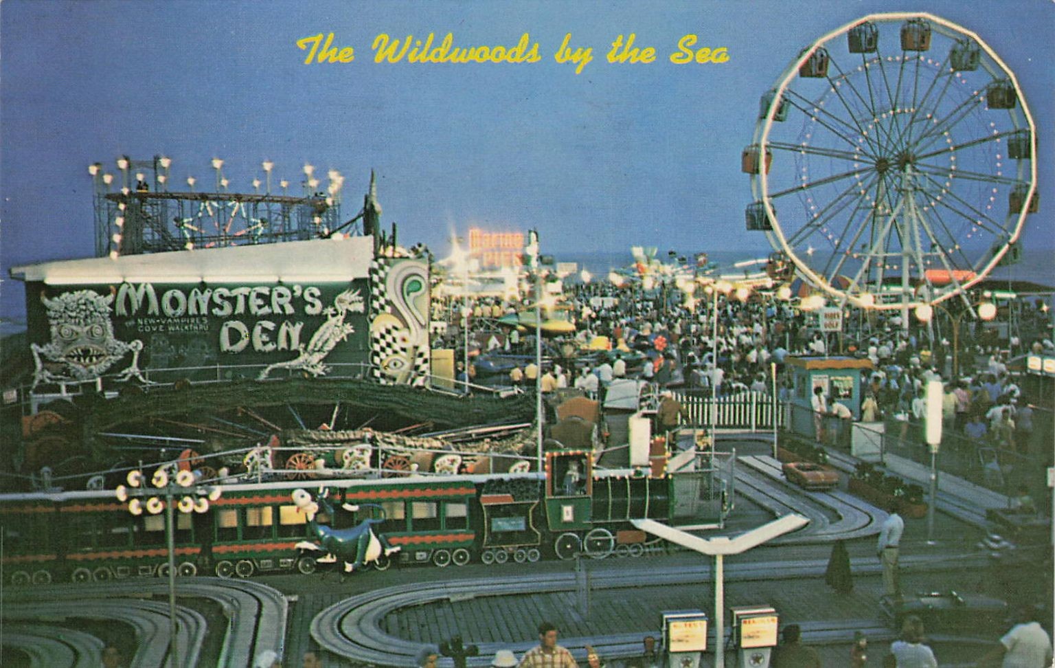 Wildwood NJ Marine Pier Night View 1978 Postcard Ferris Wheel Monster’s Den