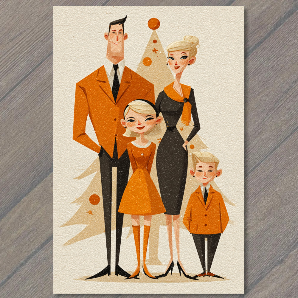 POSTCARD Midcentury Modern Family Retro Christmas Tree Stylish Holiday Orange