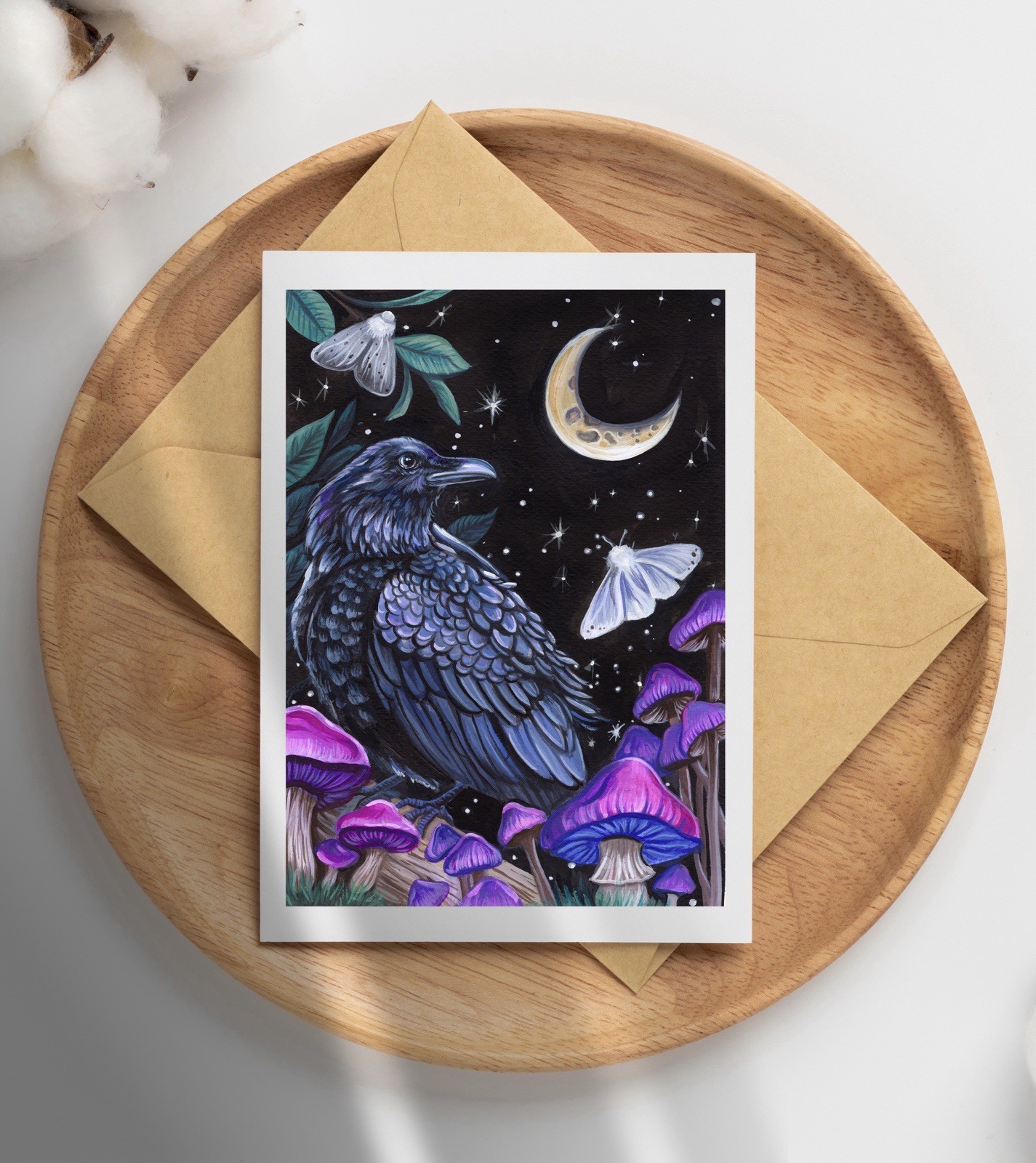 Witchy Raven Postcard Art, Celestial Moon Moth Crow Painting, Gothic Art Gift
