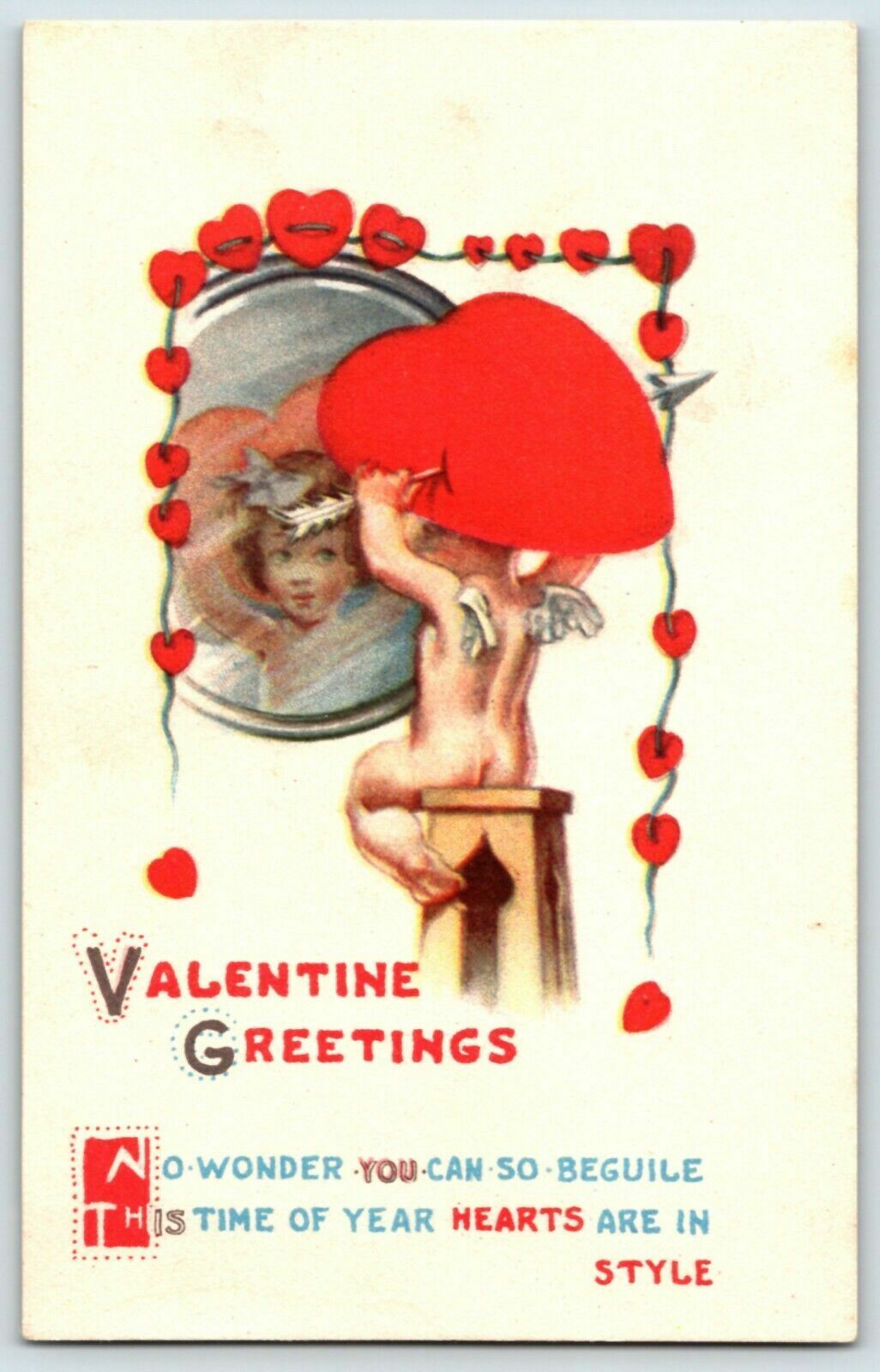 c.1910 Valentine’s Day Card Cute Angel Looking In Mirrow Postcard A7