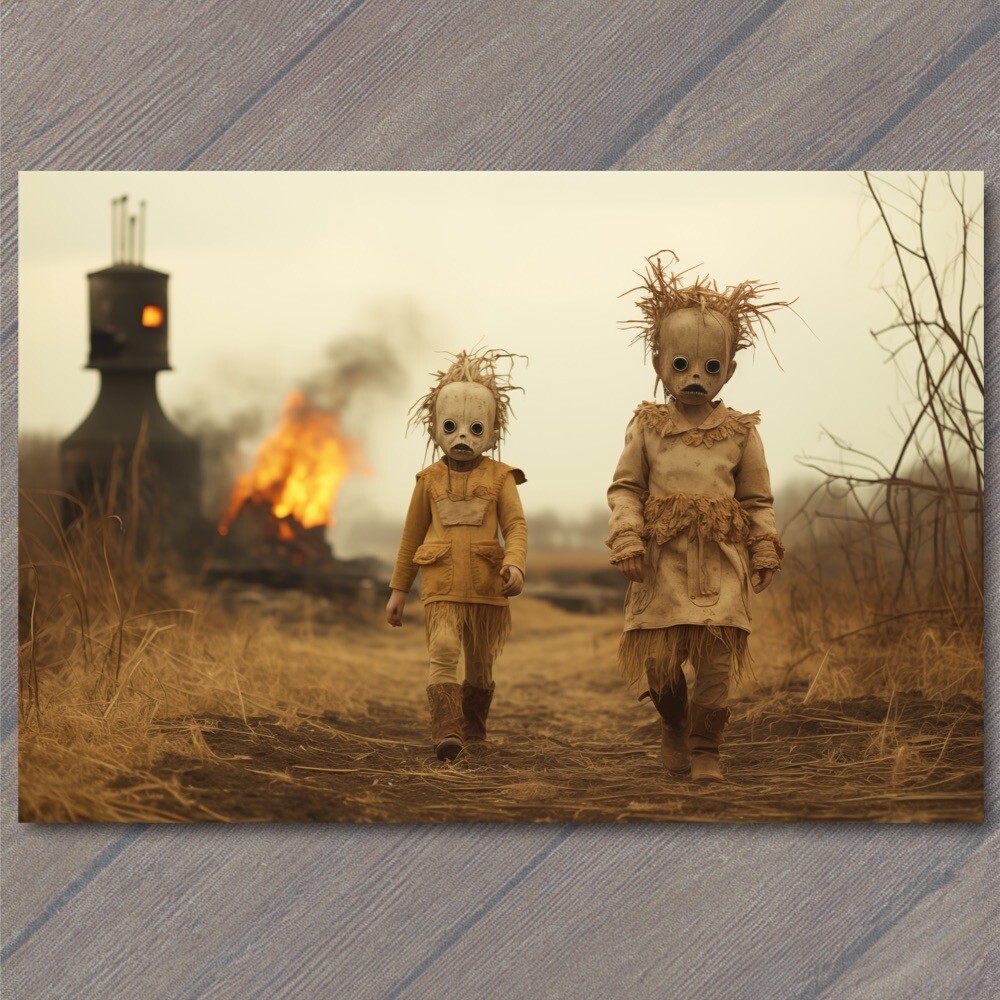 POSTCARD Bad Kids Fire Weird Creepy Vibe Wild Masks Cult Strange Unusual House