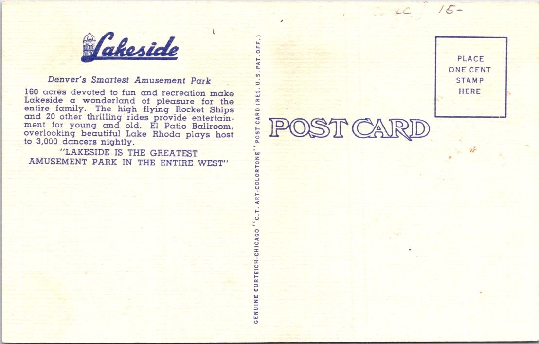 Rocket Ships, Lakeside Amusement Park, DENVER, Colorado Linen Postcard