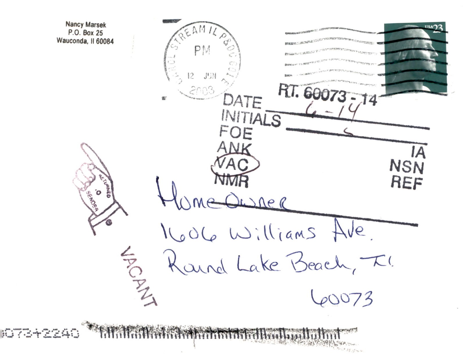 Nancy Marsek, Real Estate Buyer, 2003 Postcard