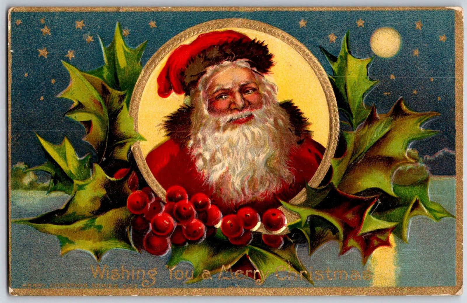 CHRISTMAS Santa Claus Holly Berries Moon Stars Embossed Antique Postcard