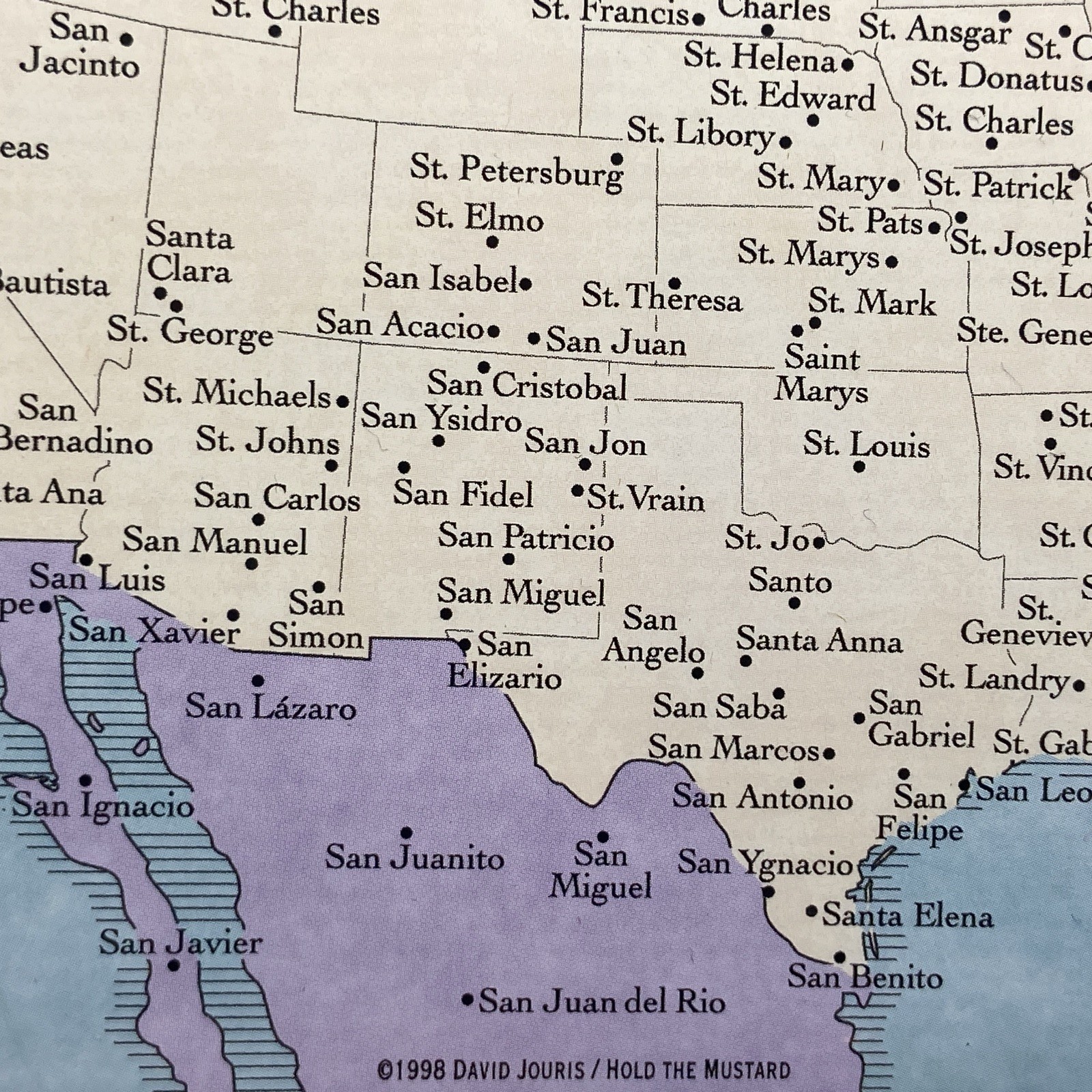 A Saintly Map of The USA- Towns That Actually Exist, Funny Vintage Postcard -new