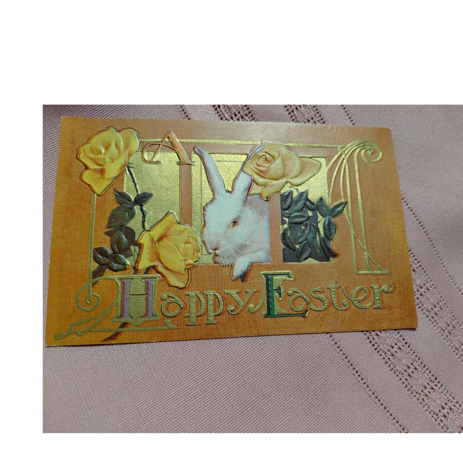 vintage embossed easter rabbit postcard with yellow roses single unit