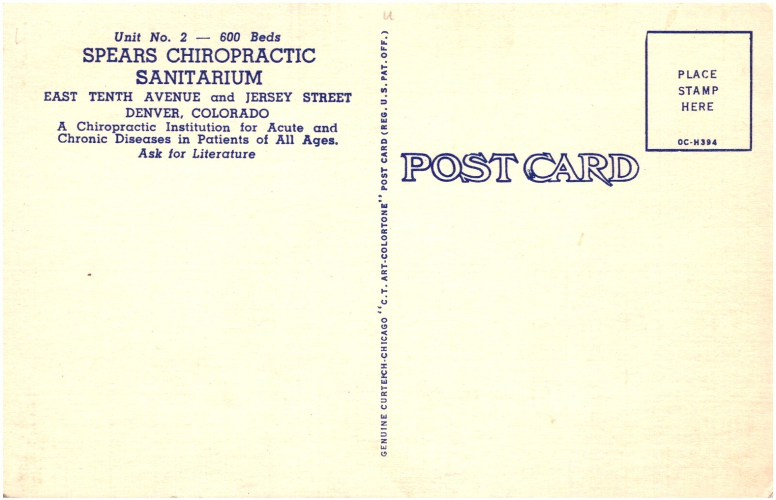 Spears Chiropractic Sanitarium Unit No. 2 Denver Colorado 1940s Linen Postcard