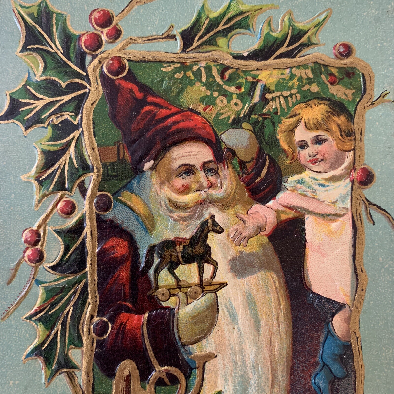 Antique Postcard Embossed Christmas Santa Very Long Beard Giving Horse To Girl