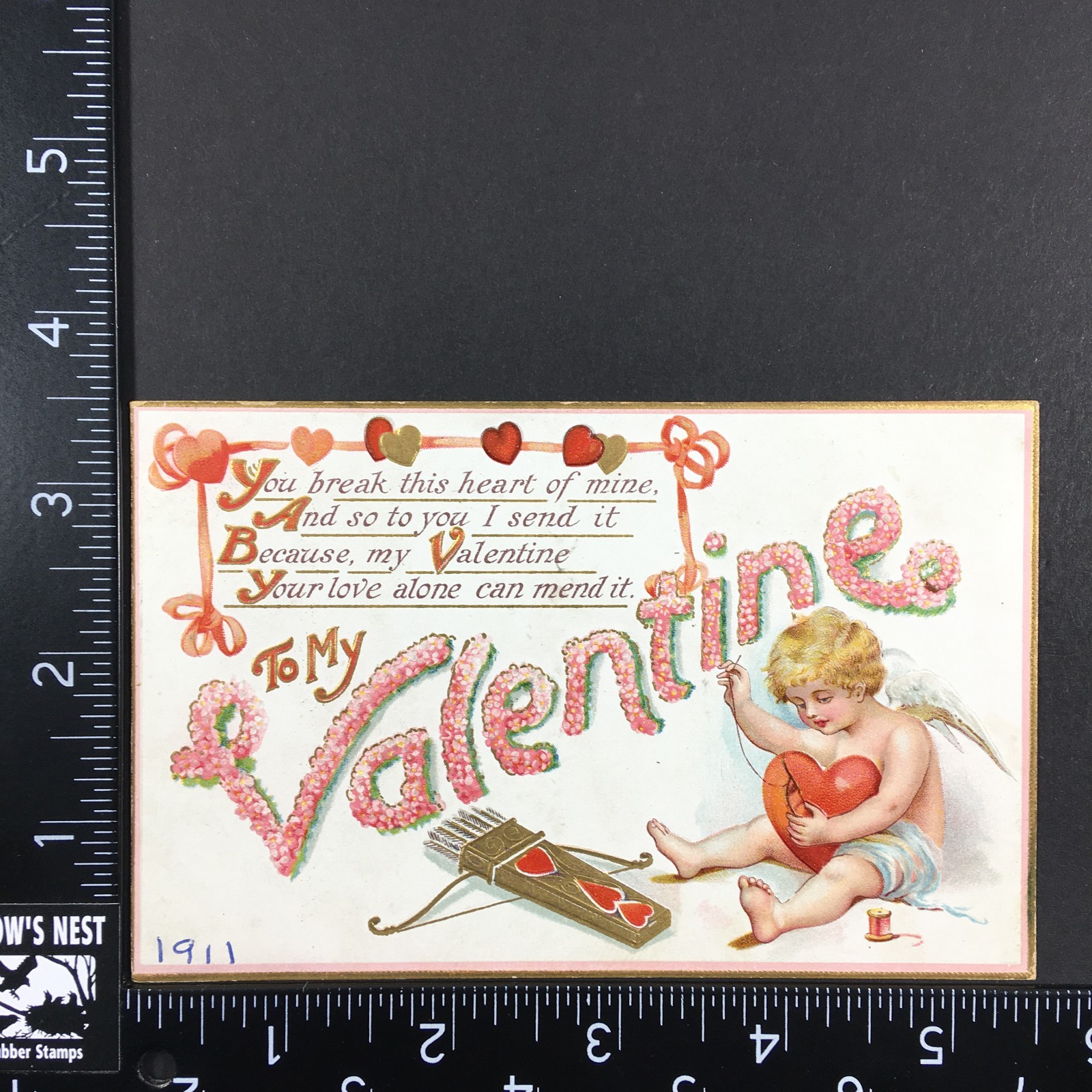 Antique Valentine’s Day Postcard Cupid Mending Sewing Heart Posted 1911