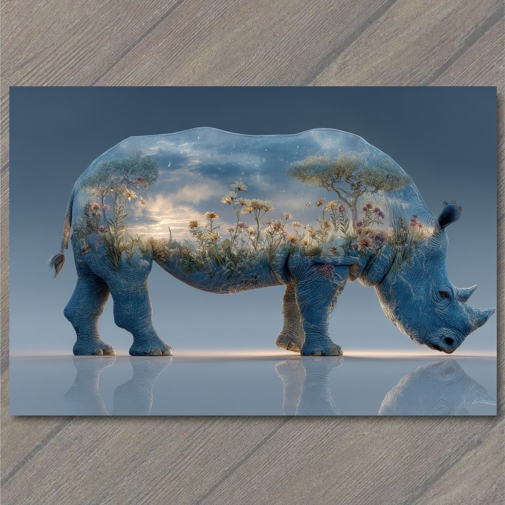 POSTCARD Surreal Rhino Transparent Body Filled Flowers Trees Weird Strange
