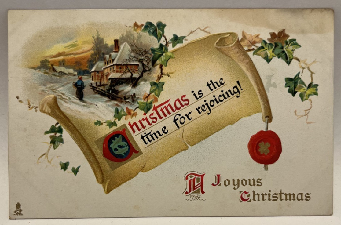 A Joyous Christmas, Wax Seal, Vintage TUCK Landscape Scrolls Series Postcard