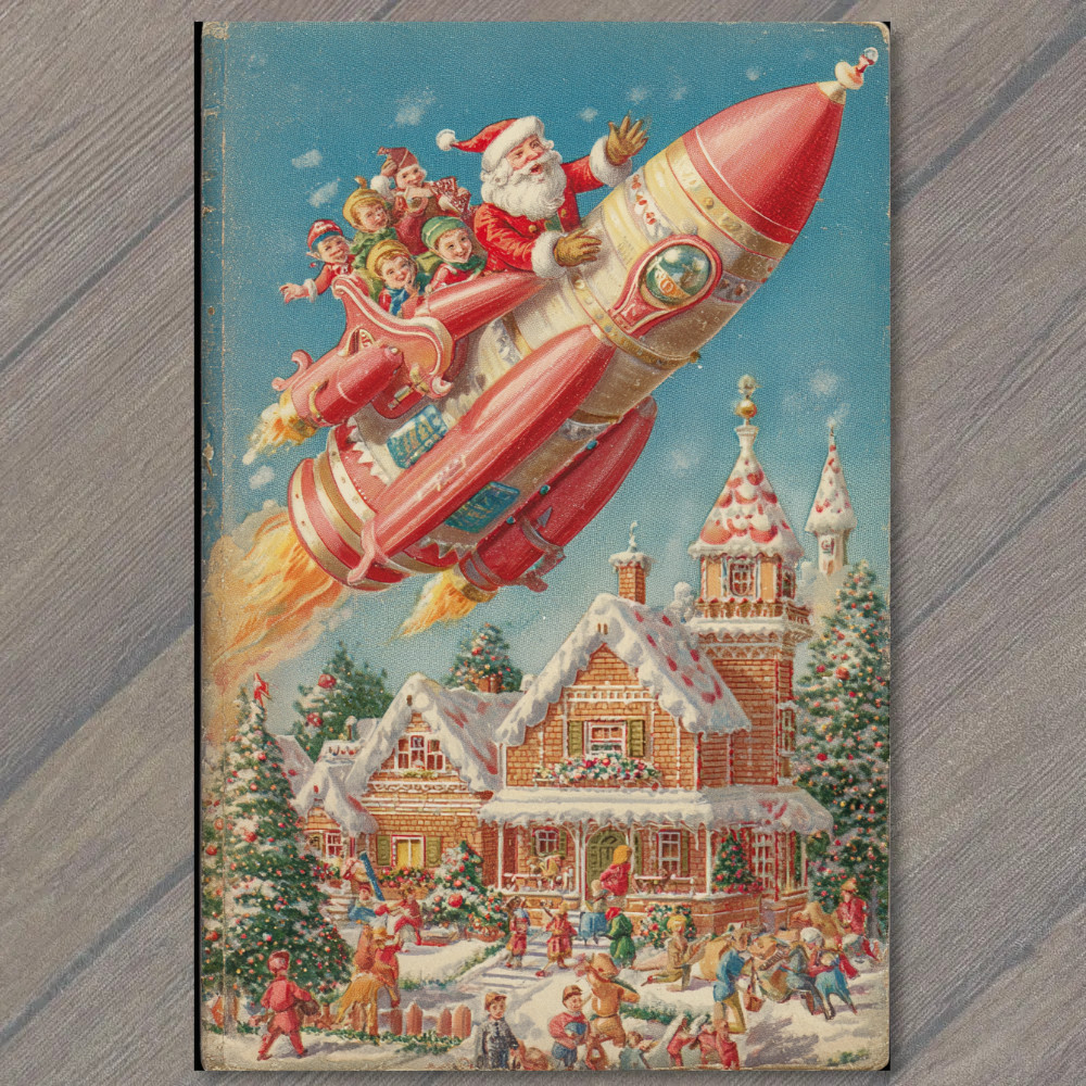 POSTCARD Santa Rocket Ship Elves Gingerbread House Snowy Christmas Vintage Retro